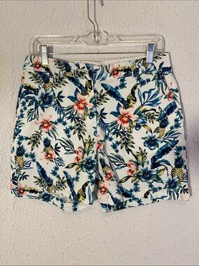 Caribbean Joe White Tropical Floral Bermuda Shorts with Blue & Green Print